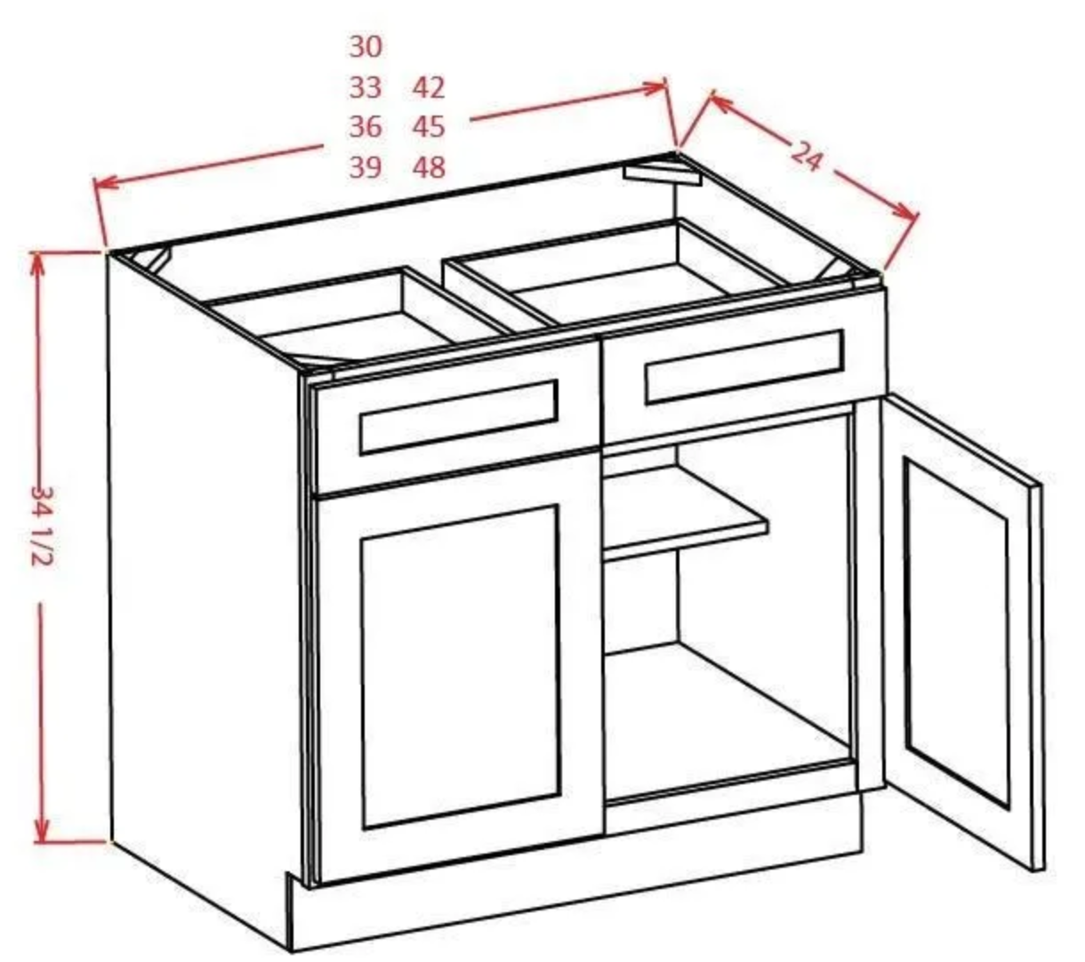 Double Door, Double Drawer Base Cabinet – Shaker Style
